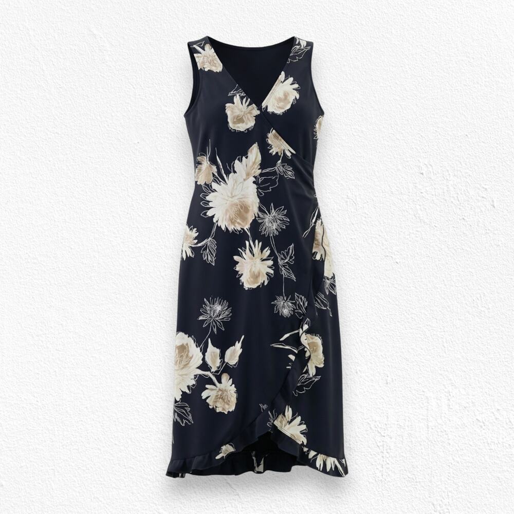 1980s Vintage Black Floral Wrap Ruffle Sleeveless USA Made Midi Dress Size 2